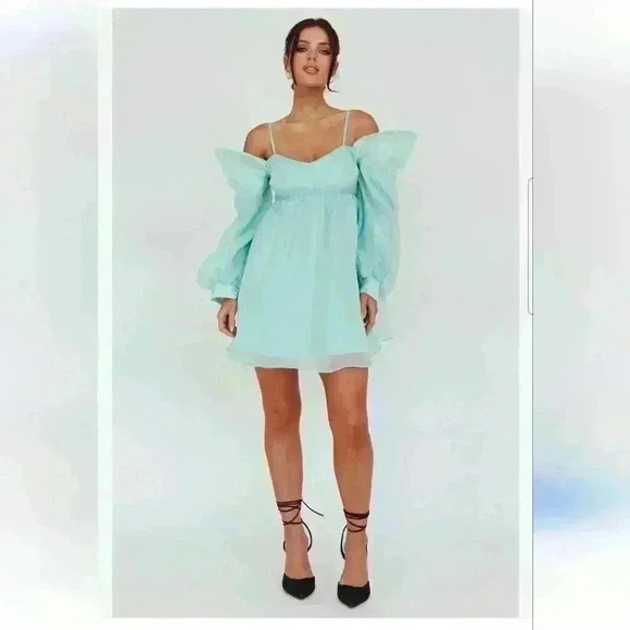 Klesis Mint Babydoll Off-Shoulder Longsleeve Shimmer Dress Size Small - Picture 1 of 9